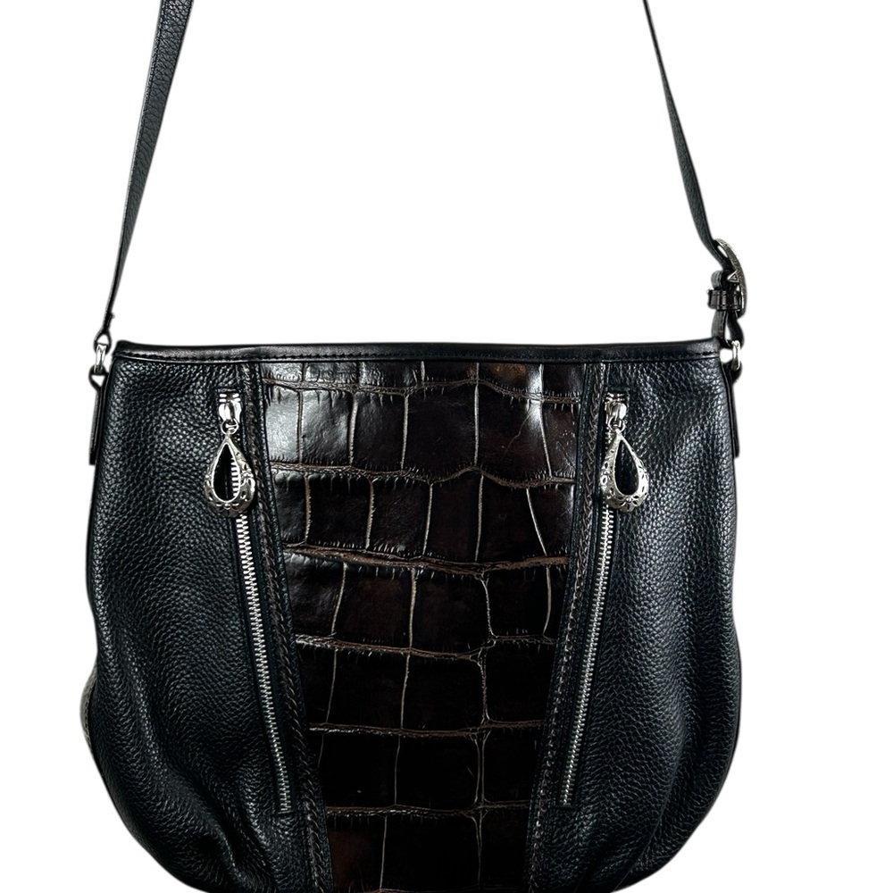 Brighton, Black and Brown Croc Embossed leather bag with front zippers, preowned